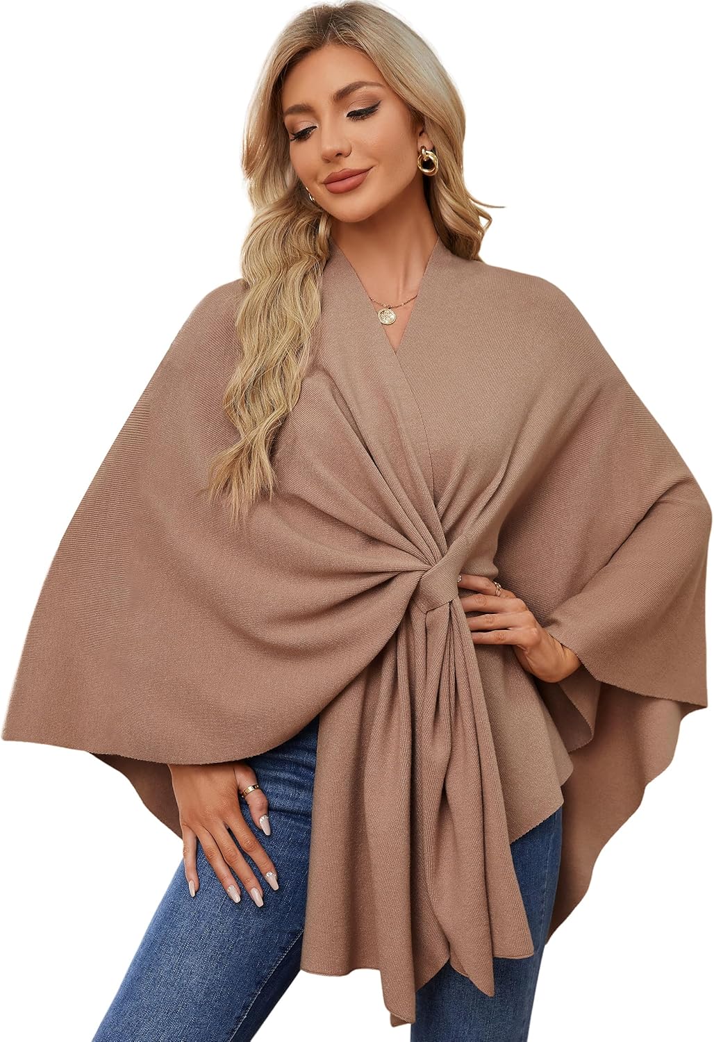 PULI Dames Elegante Poncho Gebreide Poncho's Capes Vooraan Opening Veelzijdige Sjaalwikkel met Lipje, Ivoorwit, One size